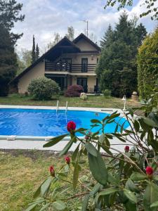 a house with a swimming pool in front of it at Villa Nirvána in Františkovy Lázně