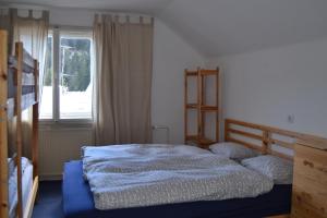 1 dormitorio con cama azul y ventana en House Cilka en Kranjska Gora