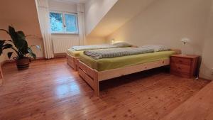 a bedroom with two beds and a potted plant at Chalupa u Libuše in Lultsch