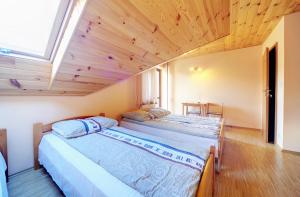 two twin beds in a room with a skylight at Noclegi Pod Orlikiem CENTRUM in Ustrzyki Dolne