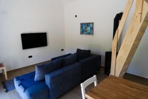 a living room with a blue couch and a tv at Udahni prirodu - Panorama in Raška