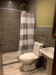 a bathroom with a toilet and a shower and a sink at Casa Hidalgo in Ciudad Hidalgo