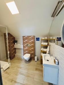 a bathroom with a sink and a toilet in it at Willa Dobryłko II -Apartamenty in Rewa +41 photos
