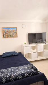 a bedroom with a bed and a flat screen tv at Bed & Breakfast in El Gallinero
