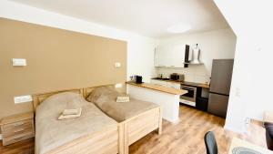 a small apartment with a couch in a kitchen at Aparthotel Grünewald in Hannover