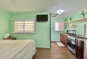 a bedroom with a bed and a kitchen with a television at Grace Studio Roatan in Coxen Hole