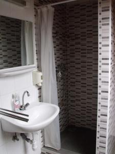 a white sink in a bathroom with a shower at Horgász-Vadász Vendégház in Egyek
