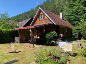 a small wooden house with a yard with a yard at Chata u řeky Svatavy in Josefov