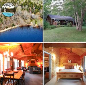 three pictures of a log cabin with a swimming pool at Sherbrooke Lake Cottage with Private Beach in Mahone Bay