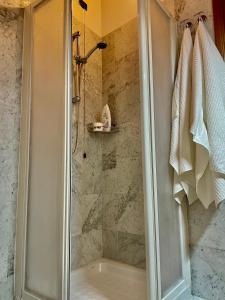 a shower with a glass door in a bathroom at Moniga Castle Apartment in Moniga