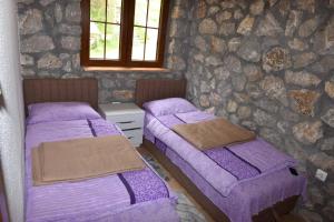 two beds in a room with purple sheets at Vila Teodora in Mojkovac