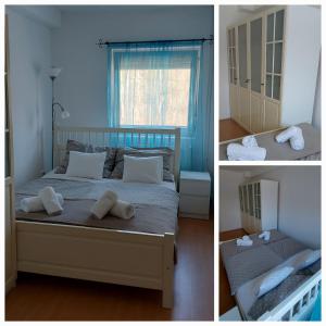 two pictures of a bedroom with a bed and a window at Katica Apartman in Kehidakustány