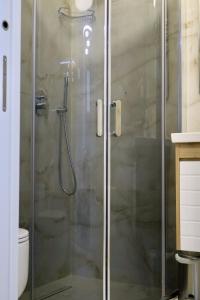 a shower with a glass door in a bathroom at Demaj House in Grilë +68 photos