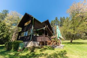 a house with a green roof on a grass field at Špengel chata in Smižany