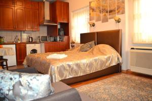 a bedroom with a large bed in a kitchen at Demjén ház in Nyíregyháza