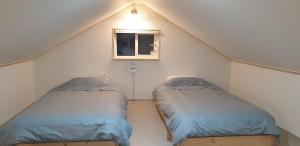 two beds in a small room with a window at Full Moon Dalbawi Pension in Jangheung