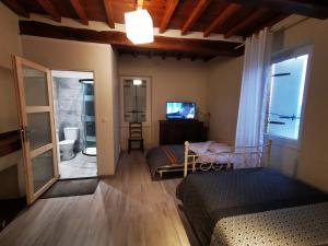 a bedroom with two beds and a television and a bathroom at Maillas D'en Haut in LʼIsle-en-Dodon