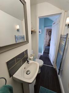 a bathroom with a sink and a toilet and a mirror at Railway Cottage, Liskeard in Liskeard +29 photos