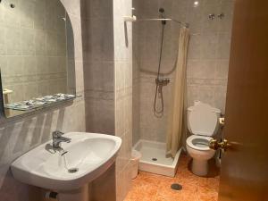 a bathroom with a sink and a shower and a toilet at Hotel Restaurante Costas - Fortuna in Fortuna
