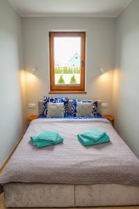 a bedroom with a large bed with blue pillows at Przystań Apartamenty Sarbinowo in Sarbinowo +257 photos