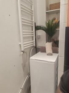 a white refrigerator with a plant on top of it at Studio équipé proche Stade de France in Épinay-sur-Seine
