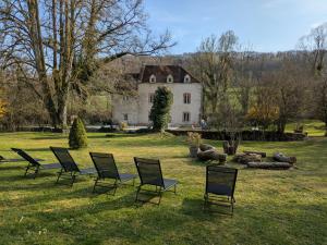a group of chairs sitting in the grass in front of a house at La Tuilerie Du Cinéaste in Courlon