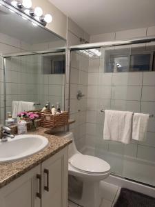 a bathroom with a toilet and a sink and a shower at Garden suite in Vancouver