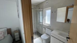 ein Badezimmer mit Toilette, Waschbecken und Fenster in der Unterkunft Quinta do Plaino in Mões