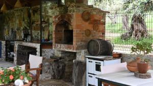 a kitchen with a brick oven with a table and chairs at Filoxenia - The Place of Experience in Himare