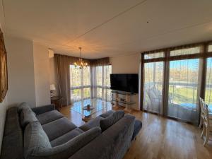 a living room with a couch and a flat screen tv at Masti Apartment in Tallinn