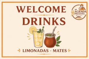 a vector illustration of a welcome drink sign with a glass of lemonade at Mi Hacienda Pacucha in Andahuaylas