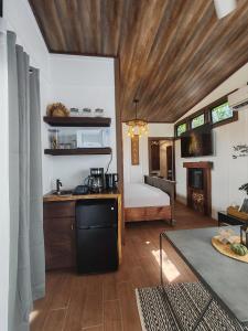 a room with a kitchen and a bed in a room at Secret Hideaway in Guápiles