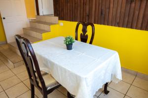 a white table with a potted plant on it at Hotel Posada La Ermita Cobán in Cobán
