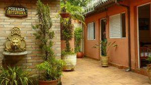 a courtyard with potted plants and a fountain on a building at Hotel Pousada Ibituruna inn in São Paulo