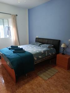 a bedroom with a bed with blue walls and a window at Veronica Villa in Partaloa