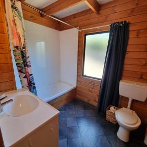 a bathroom with a sink and a toilet and a tub at 19 Torquay Terrace in Hanmer Springs +15 photos