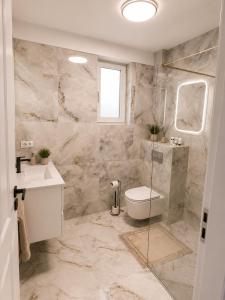 a bathroom with a shower and a toilet and a sink at Zori de Bucovina in Gura Humorului +30 photos