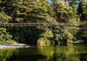 a bridge over a body of water with trees at Stylish Trentham Retreat in Upper Hutt +3 photos