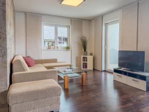 a living room with a couch and a flat screen tv at Apartment Franz in Sattendorf