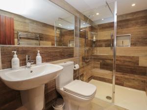 a bathroom with a toilet and a sink and a shower at Woodloft Cottage in Elterwater +22 photos