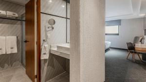 a bathroom with a sink and a toilet in a room at Uniko Living Roma in Mexico City +34 photos