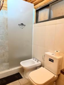 a bathroom with a white toilet and a window at Cabaña Manzano Historico Punta Negra Lodge 1 in Tunuyán +10 photos