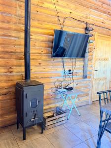 a stove with a tv on a wooden wall at Cabaña Manzano Historico Punta Negra Lodge 1 in Tunuyán