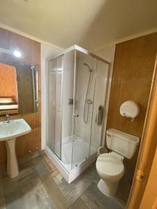 a bathroom with a shower and a toilet and a sink at HOTEL CASAGRANDE con estacionamiento EXCLUSIVO y estamos a 50 MTS del Terminal de Buses in Valdivia +53 photos