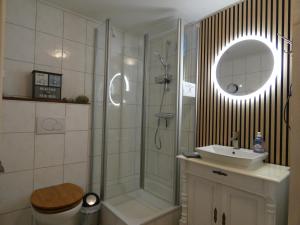 a bathroom with a shower and a toilet and a sink at fewo1846 - Hofzimmer - ländlich gelegene Auszeit für zwei Personen in Handewitt +5 photos