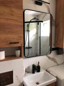 a bathroom with a mirror above a sink at Z widokiem na Jaworzynę in Krynica Zdrój