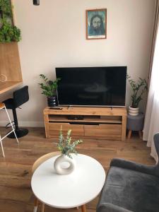 a living room with a television and a table at Z widokiem na Jaworzynę in Krynica Zdrój