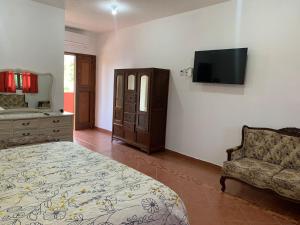 a bedroom with a bed and a couch and a tv at Antigua Mariana Hotel Boutique in Cedro