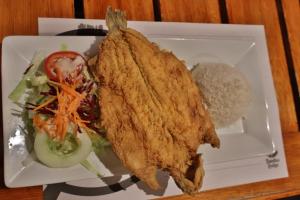 a plate of food with a fried fish and a salad at Tambo Lodge Canta in Canta +26 photos