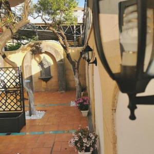 an outside view of a courtyard with a tree and flowers at Villa Busiello in Ercolano +15 photos